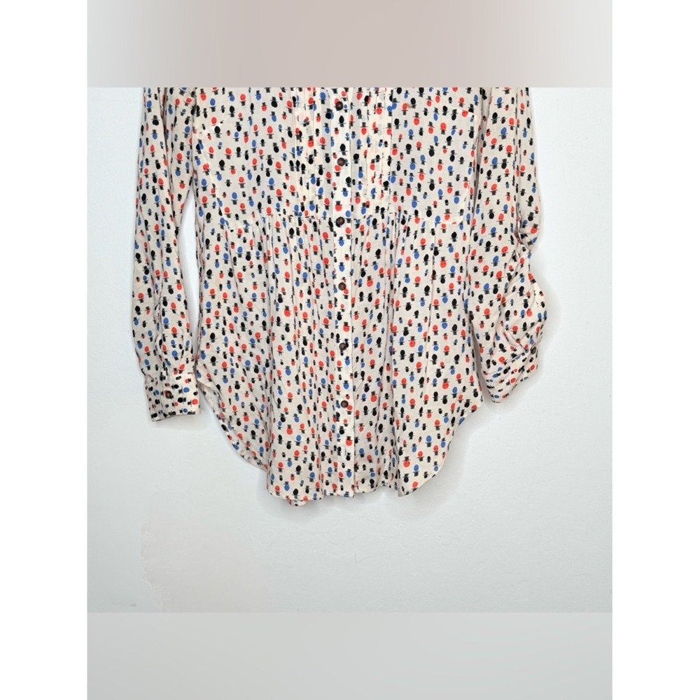 Maeve Button Down Tunic Blouse 4 Ivory Rayon Print Boho Whimsical Artsy Anthro - Picture 8 of 11
